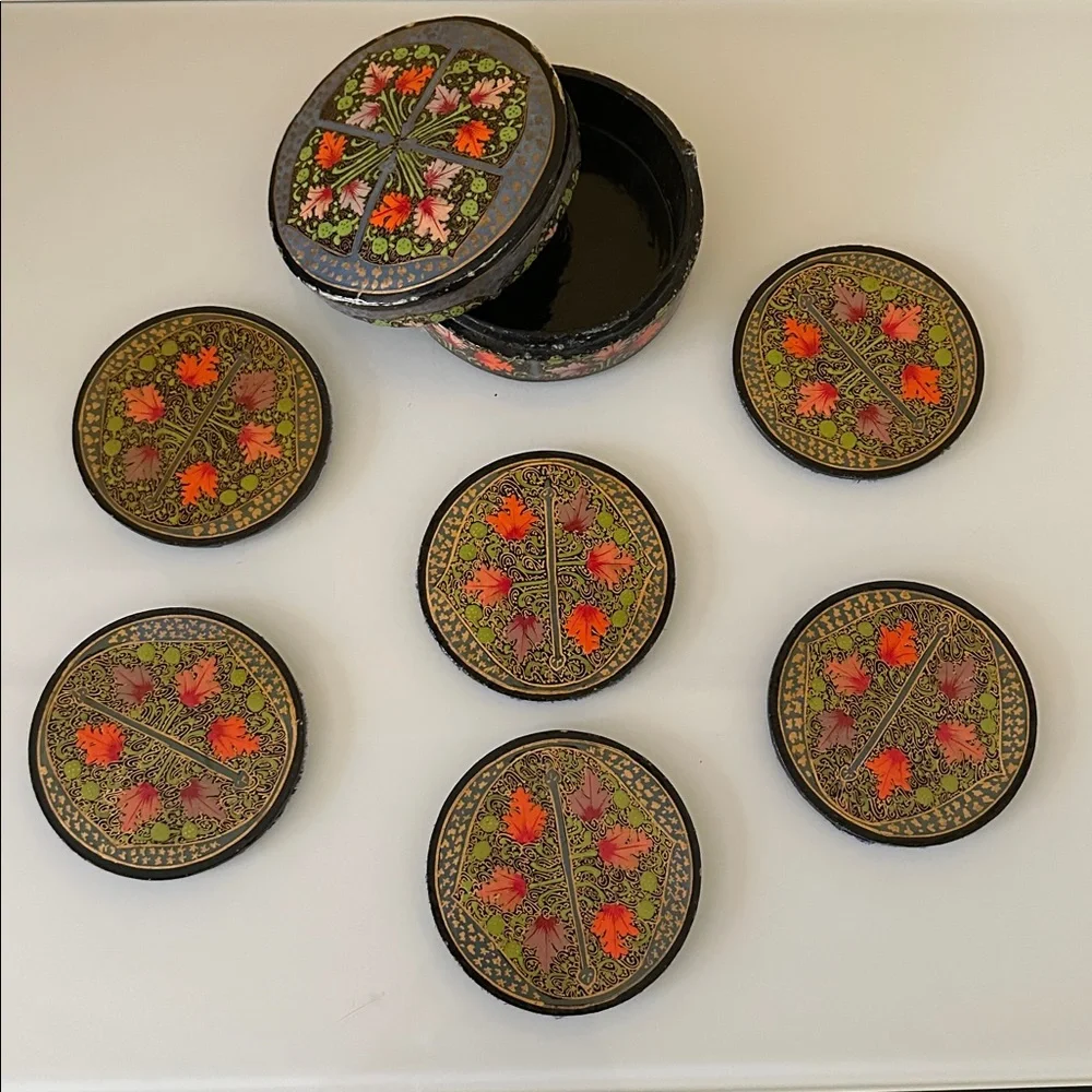 Vintage Floral Botanical Hand Painted Papier-Mache Coaster Set In A Matching Box